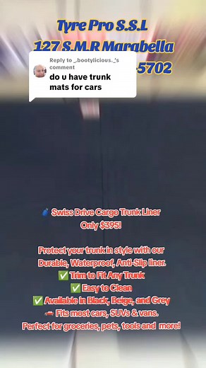 Replying to @_.bootylicious._ 🧳 Swiss Drive Cargo Trunk Liner – Only $395! Protect your trunk in style with our Durable, Waterproof, Anti-Slip liner. ✅ Trim to Fit Any Trunk ✅ Easy to Clean ✅ Available in Black, Beige, and Grey Perfect for groceries, pets, tools & more! 🚗 Fits most cars, SUVs & vans. 📍 Tyre Pro Sales & Services Ltd 127 Southern Main Road, Marabella 📞 658-5702 | 484-0938 #smallshopowner #trinicars #tyreshop #trunkliner #automotive #caraccessories #tyreprosslmarabella #carcare