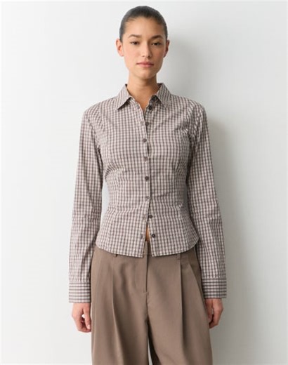 Fitted Button Up Blouse in Rocky White Oli Check | Glassons AU