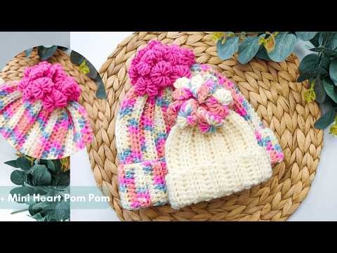 Crochet Hat for Beginners ❤️ Easy Beanie with Mini Heart Pom Poms (7 Sizes)