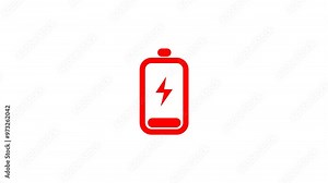 Animation of a digital low battery charging status indicator on white screen. Includes energy levels, warning signs, and critical level indicators. Technology concept for devices and battery status