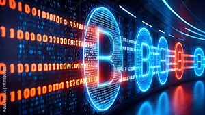 Digital representation of blockchain technology with binary code and glowing symbols.