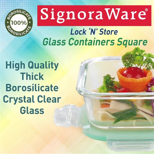 Lock & Store Glass Containers Square for every storage need #signoraware #signorawarecontainers #lockNstore #squarecontainers #glasscontainer #borosilicatecontainer #containerswithlids #microwavesafe #storefood #glass #hotfood #bake #carry #serve #reheat #gifting #signorawarecontainers | SignoraWare