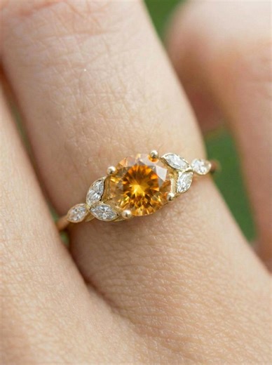 Art Deco Citrine Cluster Engagement Ring, November Birthstone Ring, Round Citrine and Marquise Anniversary Ring, Bridal Promise Ring - Etsy