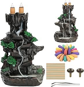 Dual Sided Mountain Backflow Incense Burner Resin Waterfall Incense Holders Cone Stick Holder with 120 Incense Cones + 30 Incense Sticks + 1 Mat + 1 Tweezers for Home Office Decor Gift