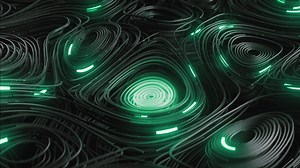 Black topographic circular lines with running matrix code and with green neon
