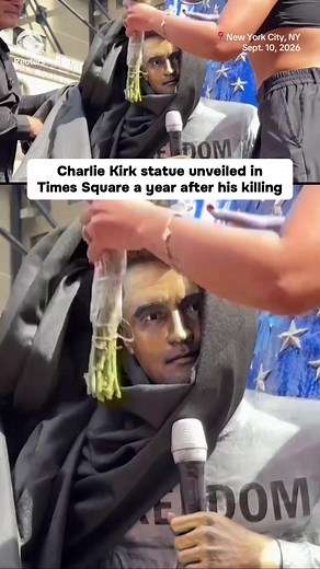 A statue of the late political activist Charlie Kirk was unveiled in New York City's Times Square on Thursday — one year after he was shot and killed at a college campus in Utah. Far-right activist Jake Lang attended the unveiling, chanting into a megaphone while standing beside the life-sized statue in front of an American flag.