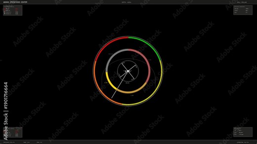 HUD interface animation displays data for mining operations in a digital control center during an active monitoring session