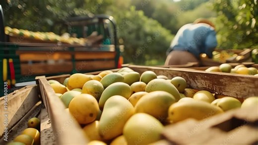 Two workers sorting and loading mango crates into pickup truck during sunset harvest in rural orchard landscape