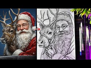 Santa Claus Drawing With Reindeer, Merry Christmas Drawing, How To Draw Santa Claus, Step By Step