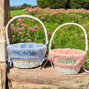 White Wicker Easter Basket With Pastel Check & Personalized Liner - Embroidered, First Easter Egg Hunt, - Etsy