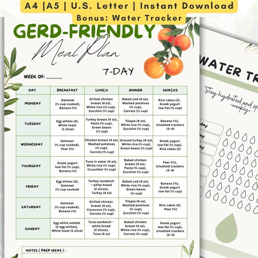 GERD Friendly 7 Day Meal Plan, Acid Reflux Diet Printable, Low Acid Meals PDF, Water Tracker, GERD Food Chart, Acid Reflux Friendly Foods - Etsy