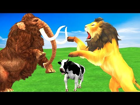 Giant Lion Fight Cow Cartoon, Buffalo Saved By Woolly Mammoth Elephant VS Lion Family Cartoon