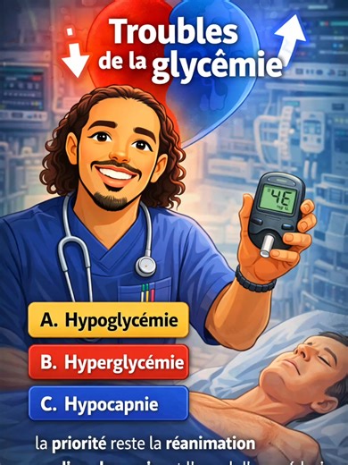 🚨 Hypoglycémie sévère : sais-tu quoi faire en urgence ? Une glycémie trop basse peut engager le pronostic vital. Ce QCM t’aide à réagir vite et correctement. 📌 À retenir : • Glucose IV si voie veineuse • Glucagon si absence de voie veineuse • Une hypoglycémie sévère = urgence vitale 🎓 Contenu pédagogique 👉 Abonne-toi pour des QCM utiles en stage. #glycémie #urgences #infirmier #santé #qcm