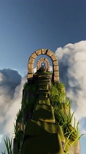 Vertical Video Walk on a Sky Stylized Path with Stone Gates and Grass in the Clouds Seamless Loop 3d