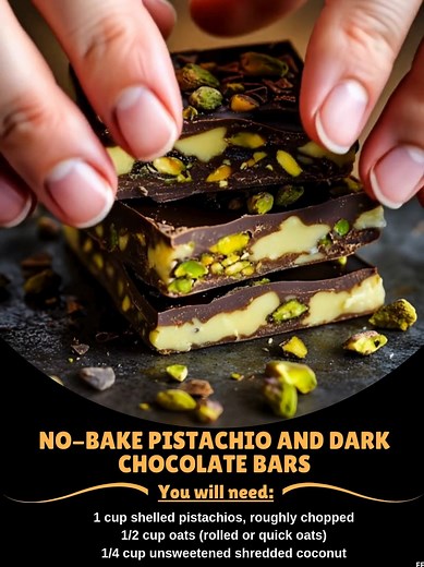 No-Bake 🌼 Pistachio and Dark Chocolate Bars Ingredients: 1 cup shelled pistachios, roughly chopped 1/2 cup oats (rolled or quick oats) 1/4 cup unsweetened shredded coconut 1/4 cup honey or maple syrup ..... Full Recipe in Coʍmеոτ 💬 💟 | Mommy Needs A Recipe