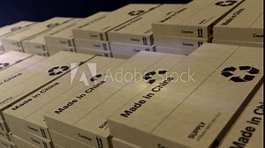 Made in China China box production line. PRC manufacturing and delivery. Product factory and export. Abstract concept 3d rendering loopable seamless animation.
