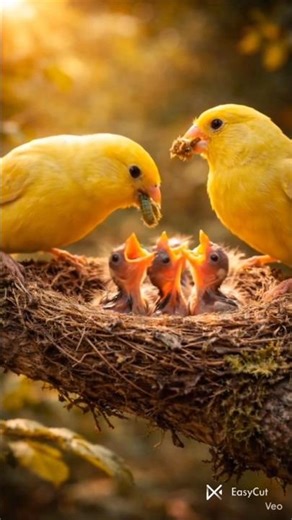 Canary Couple Feeding Baby Chicks | Beautiful Bird Family Wildlife