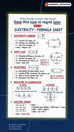 Class 10 Electricity Formula Sheet ⚡ Save for Boards 2026 | Physics #Shorts #boardexam2026