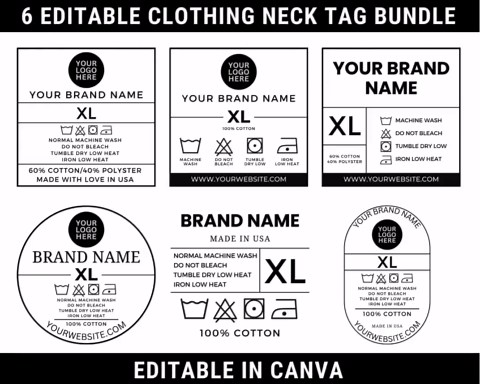 Editable Clothing Tag Bundle, T-shirt Neck Label Tag, DIY Garment Care Tag, Custom Clothing Tags, Washing Instructions, Canva Template - Etsy
