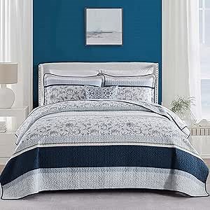 100% Cotton Quilt Set Queen Size, Queen Quilt, Patchwork Striped Botanical Quilted Bedspread Lightweight Comforter for Queen Bed, 3pcs, Navy/Light-Blue/White