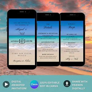 Destination Wedding Invitation. Digital Animated Beach Wedding Invite With Waves. Elegant Evite. DIY Canva Editable Template. Send by Phone - Etsy