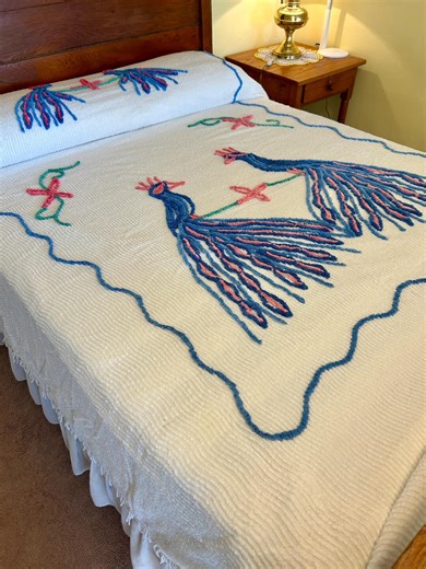Vintage Chenille Double Peacock Bedspread, Lightweight 1950's Cotton Bedding Full Size, Repurpose for Robe - Etsy