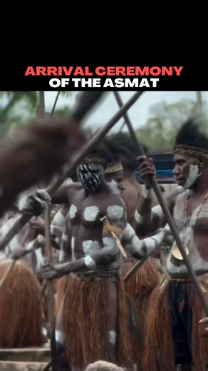 The Asmat arrival ceremony of Papua, Indonesia is a powerful ritual performed to welcome guests, honor ancestors, and protect the community. As visitors arrive, Asmat men emerge covered in white ash, ochre, and intricate body paint, moving in unison using boats with shields, spears, and deep rhythmic chants. The ceremony is both a greeting and a spiritual act — calling on ancestral spirits to witness the arrival and ensure balance between the living and the spirit world. Every movement, sound, a