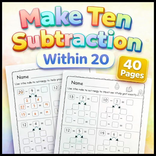 Make Ten Subtraction Worksheets Within 20 Family-friendly Printable Math Worksheets | Grade 1 - Etsy