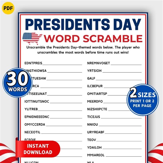 Presidents Day Word Scramble Game, Printable Patriotic Game, American Party Games, Word Puzzle, Fun Activity Word Games for Kids and Adults - Etsy