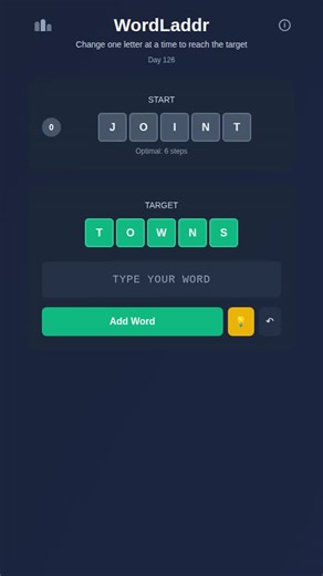 WordLaddr on Instagram: "Transform JOINT → TOWNS in just 6 steps! Path: JOINT → JOINS → COINS → COONS → GOONS → GOWNS → TOWNS Can you solve today's puzzle? 🧩 Play now: wordladdr.com #WordGame #PuzzleGame #BrainTeaser #WordPuzzle #DailyPuzzle #WordLaddr #wordgame #puzzle #wordle #wordladder #dailypuzzle"