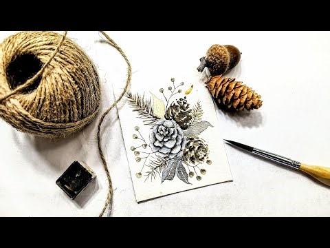 Watercolor winter pinecone centerpiece painting tutorial » DIY Holiday card making ideas beginners