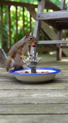 Squirrel vs. Skeletal Hand! Spooky Snack Time 🍁🐿️💀 #Squirrel #HalloweenSurprise #Gotcha