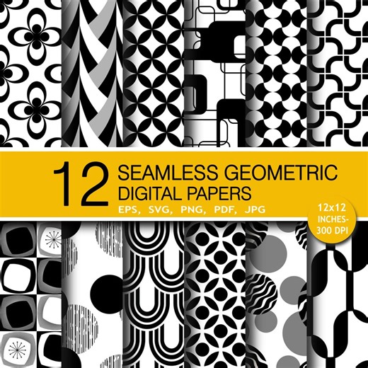Black and White Geometric Patterns, Seamless Digital Paper (12x12 Inch) (jpg, Eps, Png, Svg) - Etsy