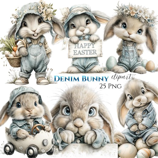 Vintage Watercolor Denim Bunny Clipart, Cottagecore Easter Graphics (digital Download) - Etsy