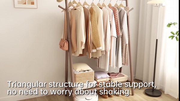 KASLANDI Solid Wood Clothes Rack, Clothing Rack with Shelf and Hook, Sturdy and Portable, Garment Rack for Hanging Clothes,Coats,Skirts,Shoes,Bags,Easy to Assemble (Walnut)