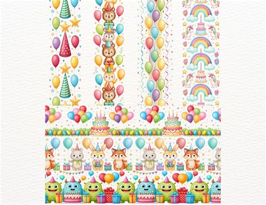 46 Birthday Seamless Borders Clipart | Kids Party Animals, Unicorns, Monsters, Cake & Balloons | Printable Borders for Invitations, Planners - Etsy