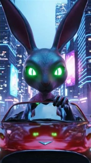 A bizarre and funny scene of a tall alien rabbit with glowing eyes، مشهد غريب ومضحك لأرنب فضائي طويل