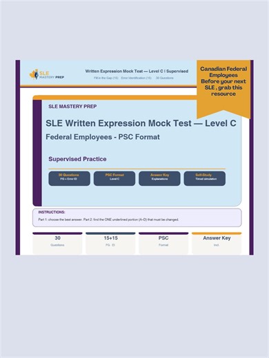 SLE Written Expression Mock Test — Level C | Supervised | Federal Canadian Servants 30 Questions | Fill in Gap + Error ID | PSC Format - Etsy