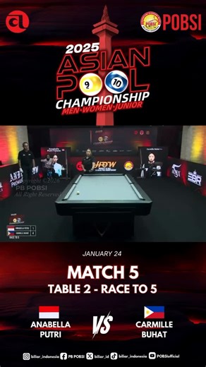 Pengurus Besar POBSI on Instagram: "ASIAN POOL CHAMPIONSHIP 🎱 Carmille Buhat (Philippines) berhasil mengamankan kemenangan atas Annabella Putri (Indonesia) dengan skor 5–1. 📺 Eksklusif di RCTI+ & Vision+ #AsianPoolChampionship2025 #POBSI #BilliardAsia #RoadToGlory #ConquerAsia #BiliarIndonesia"