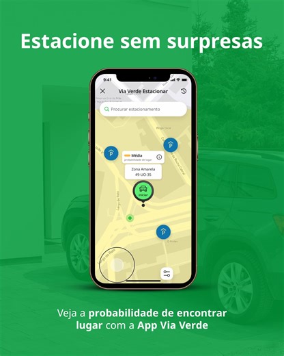 📲 Andar às voltas para encontrar lugar? Com a App Via Verde não precisa. 🅿️ Descubra a probabilidade de encontrar lugar para estacionar na rua e em parques privados mesmo antes de sair de casa. 🔗 Saiba mais em: https://viaverde.link/fs-vvparkingbuddy #ViaVerde #Estacionar #AndamosConsigo | Via Verde