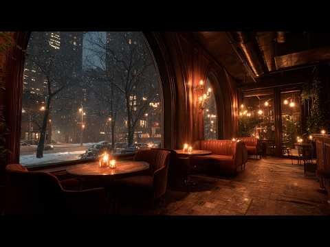 Snowy Night in a Cozy New York Bar | Relaxing Winter Window Ambience