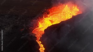 Volcano Eruption Red Hot Burning Lava Erupts From Ground Active Volcanic Crater Iceland.