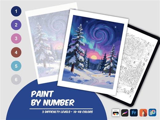Color by Number Winter Landscape Galaxy Sunset Printable Paint by Number Adult Digital Download, Snowy Forest Art - Etsy