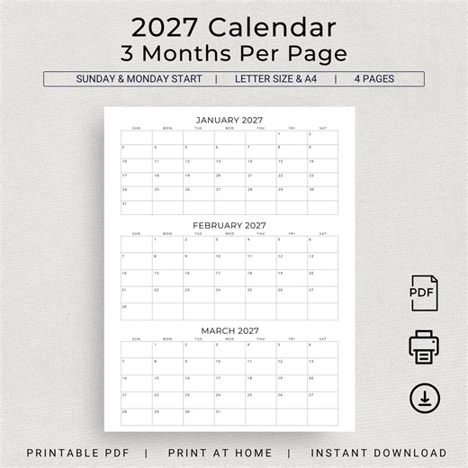 2027 Calendar 2027 3 Months per Page Calendar Monthly Planner Printable Quarterly Office Agenda 2027 Desk Planner Wall Calendar A4 US Letter - Etsy