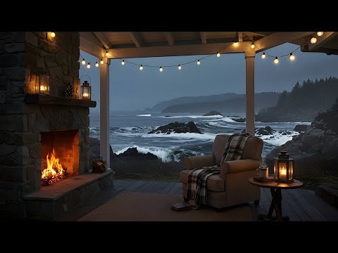 Cozy Porch Fireplace Ambience | Crackling Fire & Ocean Waves | Relax, Study, Sleep, Focus