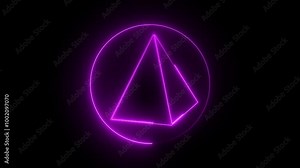 Icon of "Pyramid" in a realistic neon sign style with neon circle. Purple Neon glowing lights on a dark background. Modern and trendy animation with beautiful bright colors.