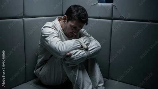 Man in straitjacket huddled in padded cell, despair, mental illness, confinement, distress