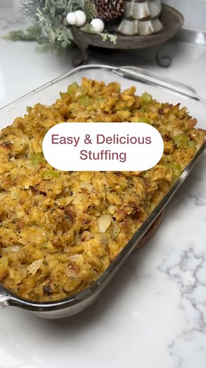 Easy & Delicious Stuffing Recipe 1. Sauté the Veggies: * In a large pan, heat a splash of olive oil. * Add 1 whole yellow onion (chopped) and 1½ cups of chopped celery. * Cook until softened, then stir in 2 cloves of minced garlic and sauté for 2 minutes. 2. Make the Broth: * Dissolve 3 heaping teaspoons of Knorr Chicken Flavor Bouillon in 3 cups of hot water. * Pour the broth into the pan with the veggies and add 1 stick of butter (I use Parkay Margarine). * Once the butter melts and the mixtur