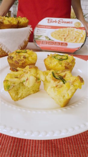 Crispy on the outside, creamy and cheesy on the inside, these Bacon Jalapeño Macaroni & Cheese Muffins bring just the right amount of kick. In paid partnership with @AllRecipes 🌶🧀 Make it using the ingredients and recipe steps below. ​ Ingredients: Cooking spray, ½ cup chopped bacon (about 5 slices), 1 (20 oz) Bob Evans Macaroni & Cheese, 2 Tbsp chopped jalapeño 12 thin slices (from 2 medium), ¾ cup all-purpose flour, ¾ cup yellow cornmeal, 1½ tsp baking powder, 1 tsp kosher salt, 6 Tbsp whole