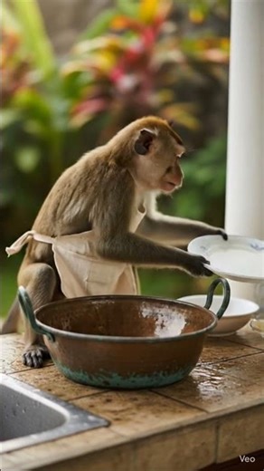 monkey 🐒 washing dishes #monkey #monkeys #monkeyshorts #funny #shorts